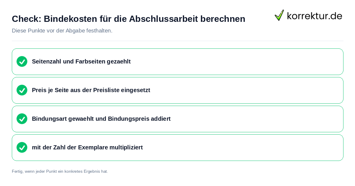 Check: Bindekosten für die Abschlussarbeit berechnen Bindekosten für die Abschlussarbeit berechnen: Prüfliste mit vier Punkten