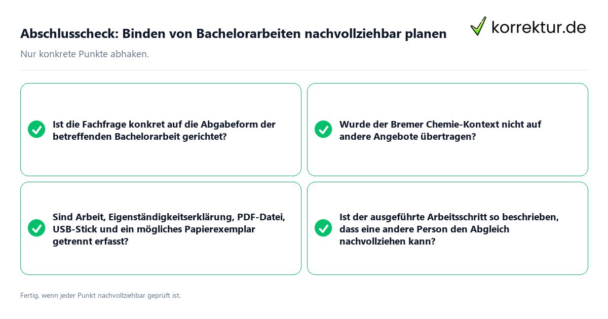 Konkreter Abschlusscheck zu Binden von Bachelorarbeiten nachvollziehbar planen