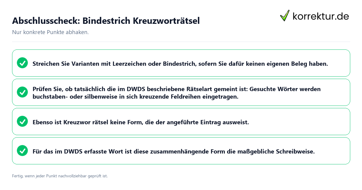 Konkreter Abschlusscheck zu Bindestrich Kreuzworträtsel
