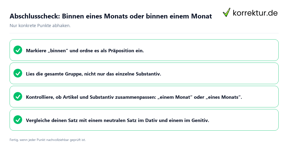 Abschlusscheck: Binnen eines Monats oder binnen einem Monat Konkreter Abschlusscheck zu Binnen eines Monats oder binnen einem Monat