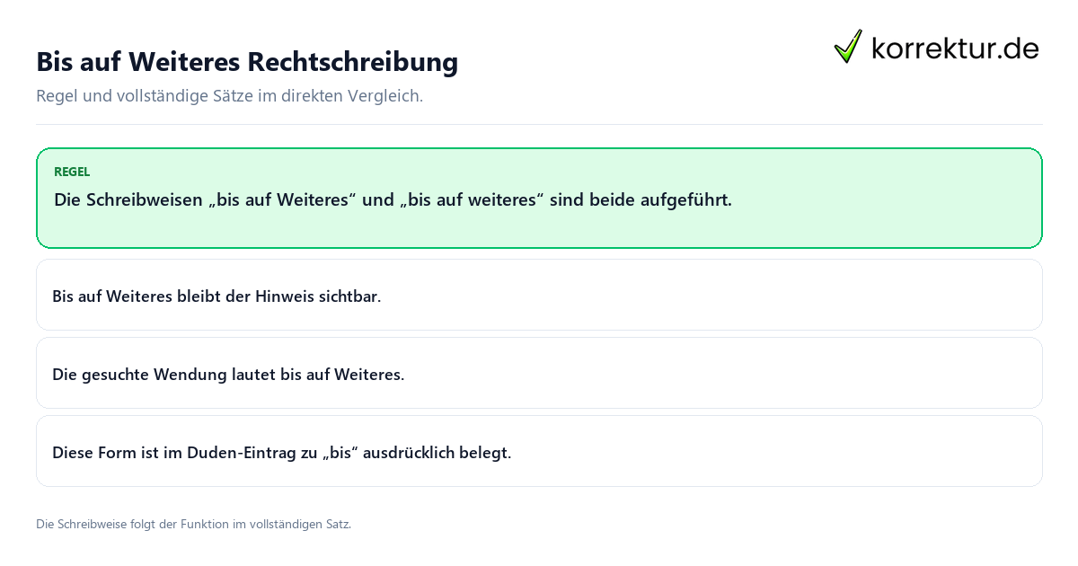 Konkrete Regel und vollständige Beispielsätze zu Bis auf Weiteres Rechtschreibung