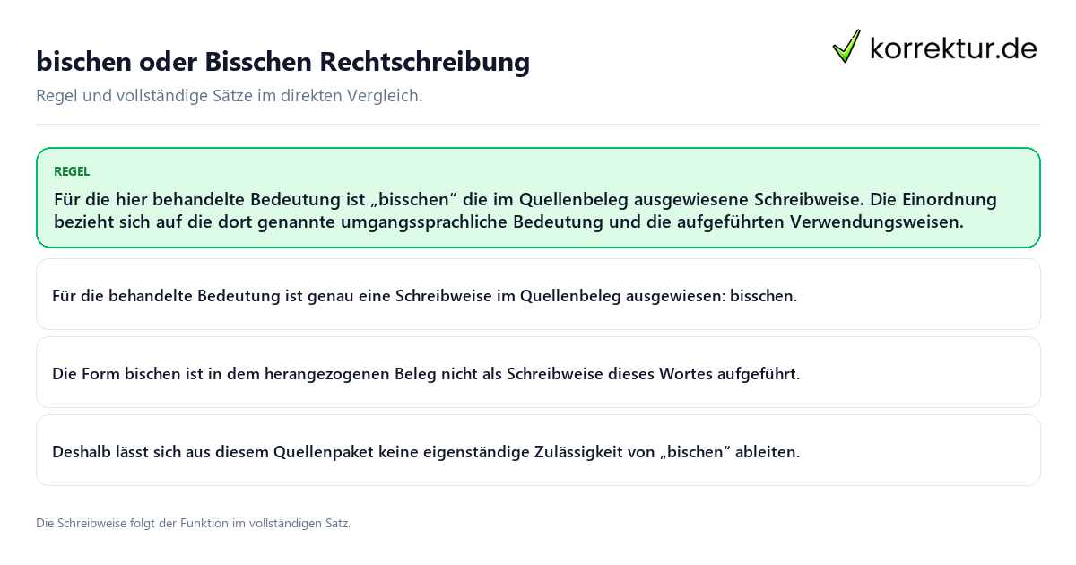 Konkrete Regel und vollständige Beispielsätze zu bischen oder Bisschen Rechtschreibung