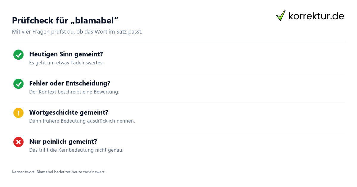 Prüfcheck für „blamabel“ Was bedeutet „blamabel“? Prüfcheck für den eigenen Text