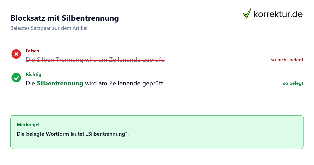 Falsches und richtiges Satzbeispiel zu Blocksatz mit Silbentrennung