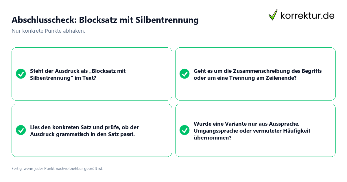 Konkreter Abschlusscheck zu Blocksatz mit Silbentrennung