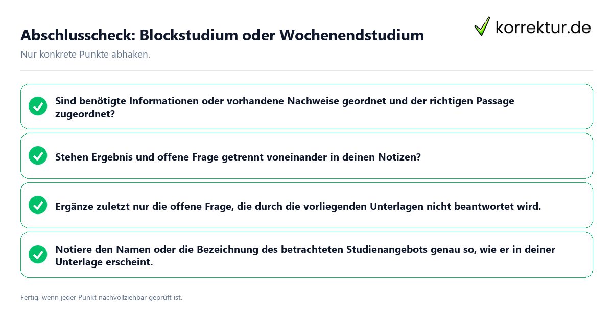 Abschlusscheck: Blockstudium oder Wochenendstudium Konkreter Abschlusscheck zu Blockstudium oder Wochenendstudium
