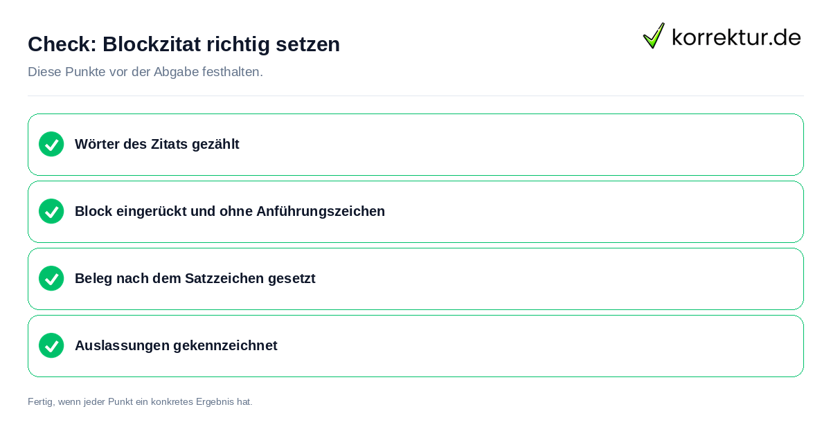 Blockzitat richtig setzen: Prüfliste mit vier Punkten