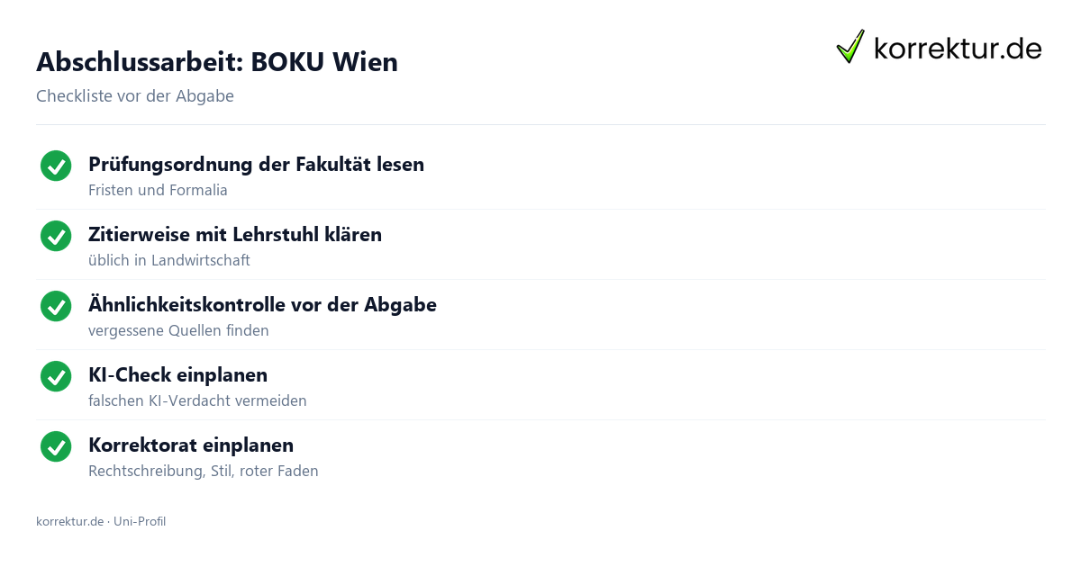 Abschlussarbeit an der BOKU Wien, Checkliste zur Abgabe Abschlussarbeit BOKU Wien: Formalia, Zitierweise und Ähnlichkeitskontrolle vor der Abgabe
