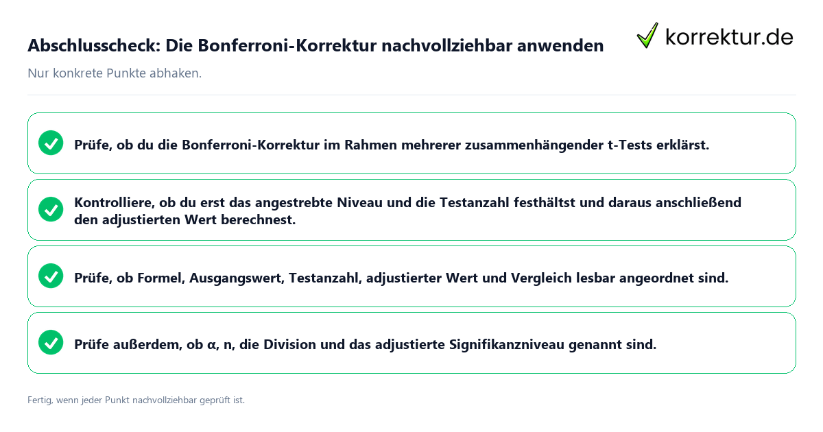 Konkreter Abschlusscheck zu Die Bonferroni-Korrektur nachvollziehbar anwenden