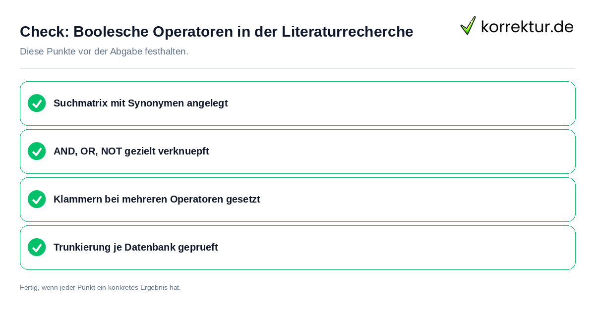 Boolesche Operatoren in der Literaturrecherche: Prüfliste mit vier Punkten