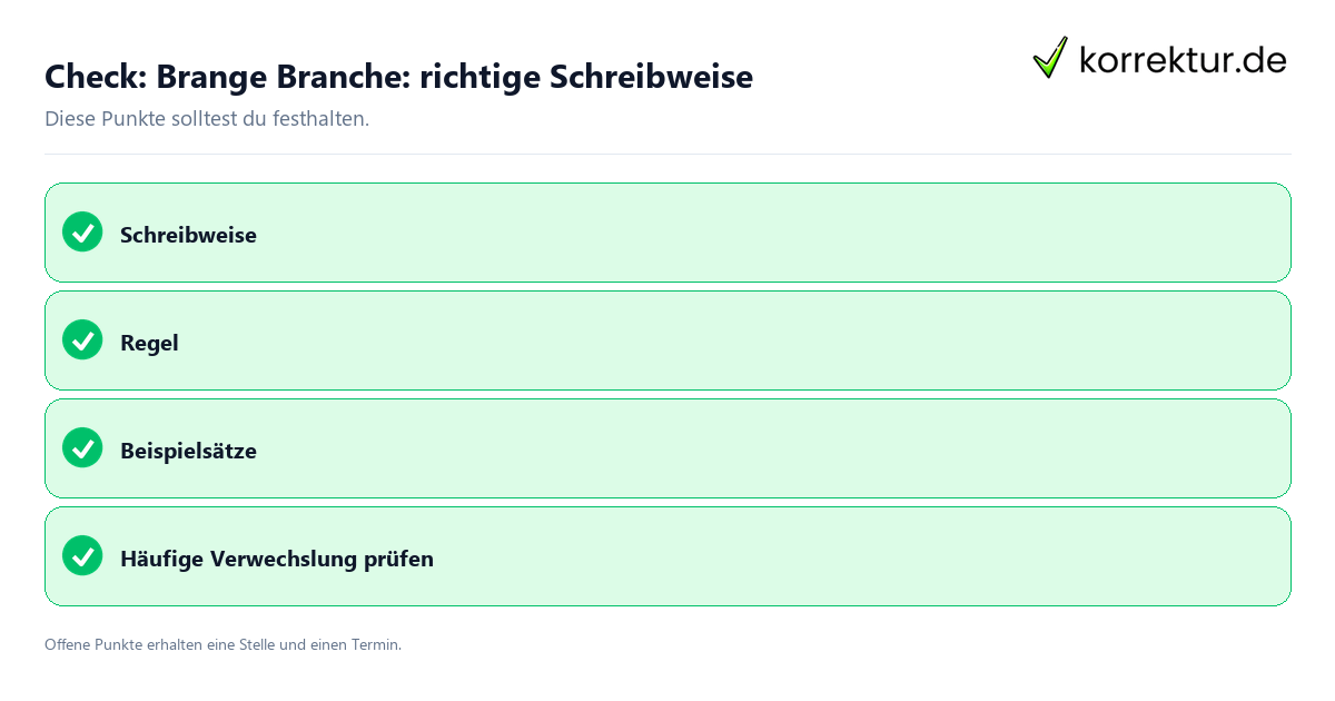 Brange Branche: richtige Schreibweise mit Checkliste für Unterlagen und nächste Schritte
