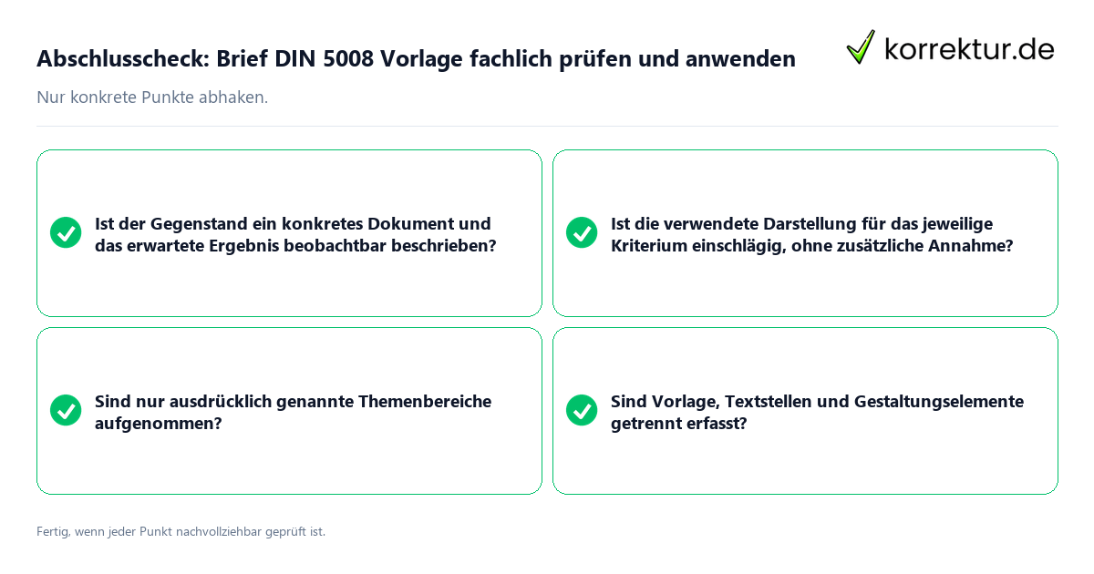 Konkreter Abschlusscheck zu Brief DIN 5008 Vorlage fachlich prüfen und anwenden
