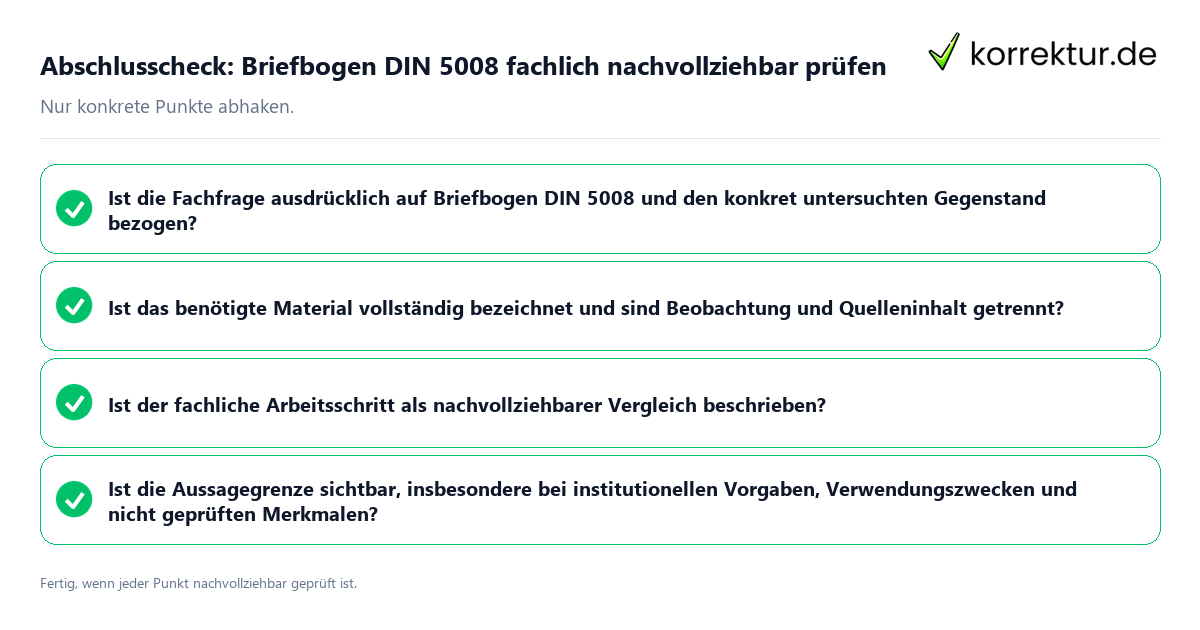 Konkreter Abschlusscheck zu Briefbogen DIN 5008 fachlich nachvollziehbar prüfen