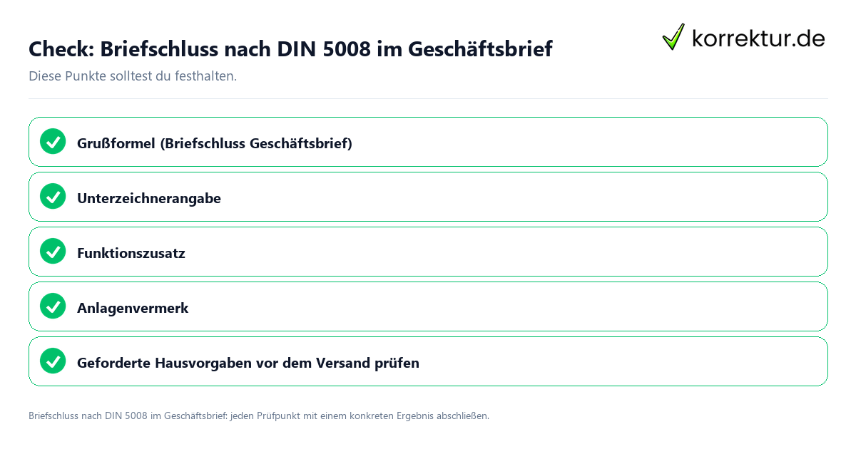 Briefschluss nach DIN 5008 im Geschäftsbrief mit einer themenspezifischen Checkliste