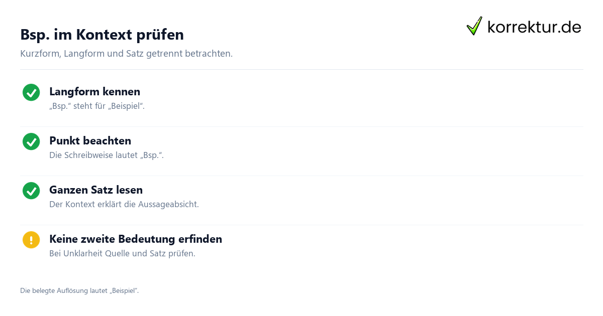 Bsp. im Kontext prüfen Was bedeutet „Bsp.“ als Abkürzung? Schreibweise und Kontext