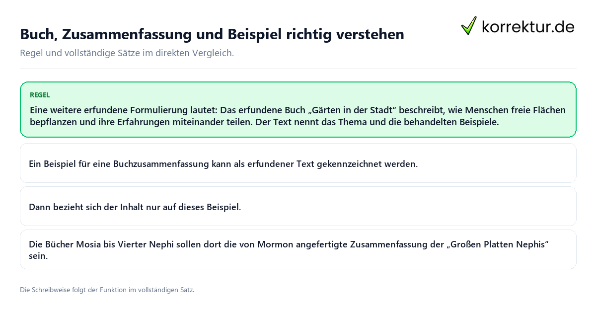 Konkrete Regel und vollständige Beispielsätze zu Buch, Zusammenfassung und Beispiel richtig verstehen