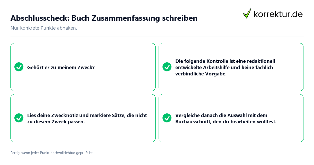 Konkreter Abschlusscheck zu Buch Zusammenfassung schreiben