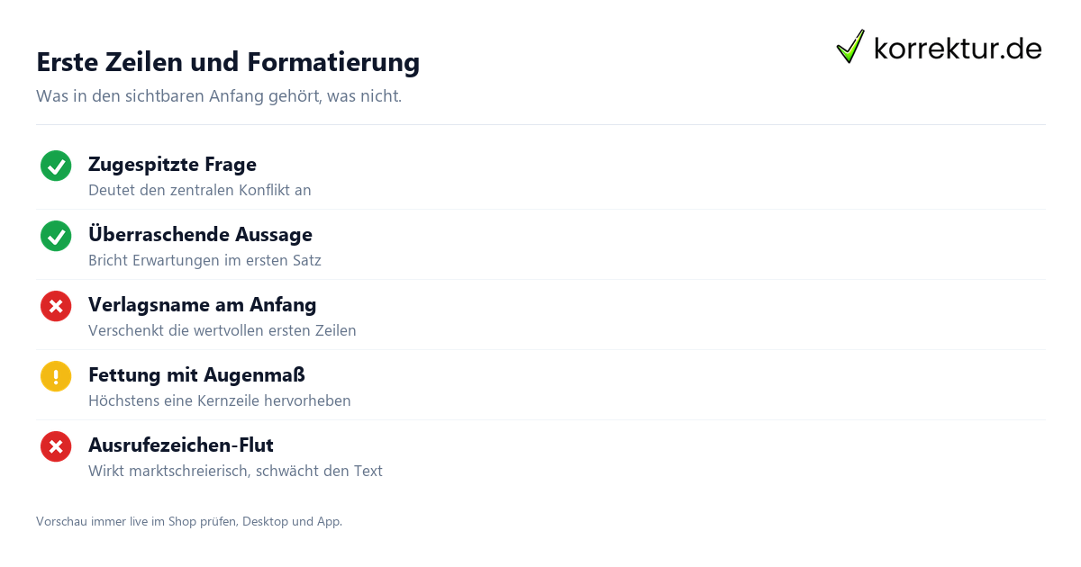 Buchbeschreibung optimieren: Checkliste für die ersten Zeilen