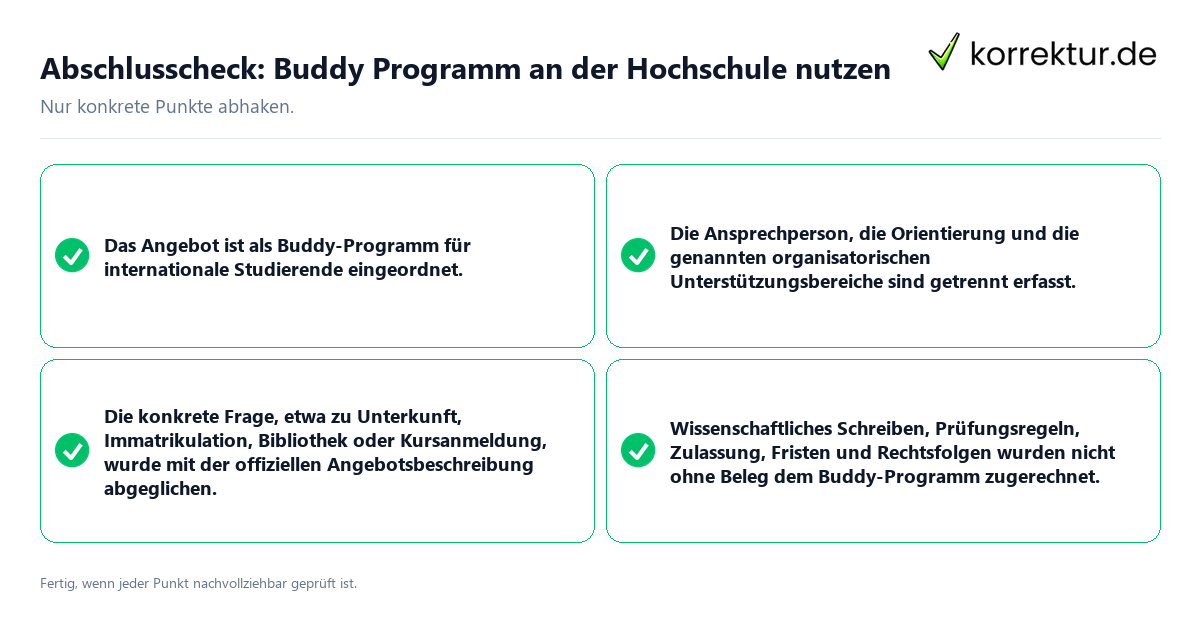 Abschlusscheck: Buddy Programm an der Hochschule nutzen Konkreter Abschlusscheck zu Buddy Programm an der Hochschule nutzen