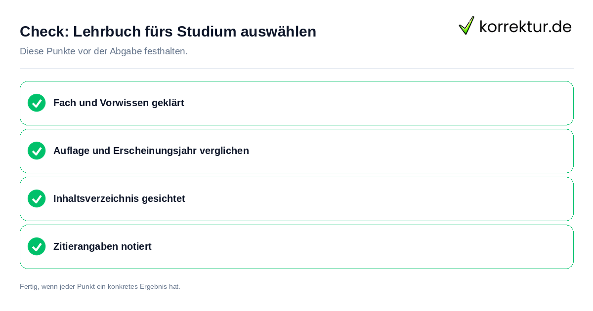 Check: Lehrbuch fürs Studium auswählen Lehrbuch fürs Studium auswählen: Prüfliste mit vier Punkten