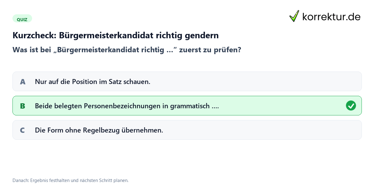Bürgermeisterkandidat richtig gendern mit einem Kurzquiz zum sinnvollen nächsten Schritt
