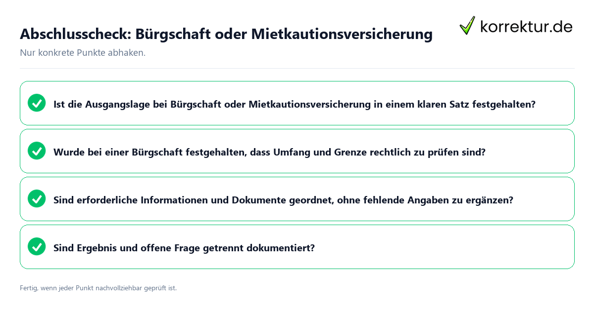 Abschlusscheck: Bürgschaft oder Mietkautionsversicherung Konkreter Abschlusscheck zu Bürgschaft oder Mietkautionsversicherung