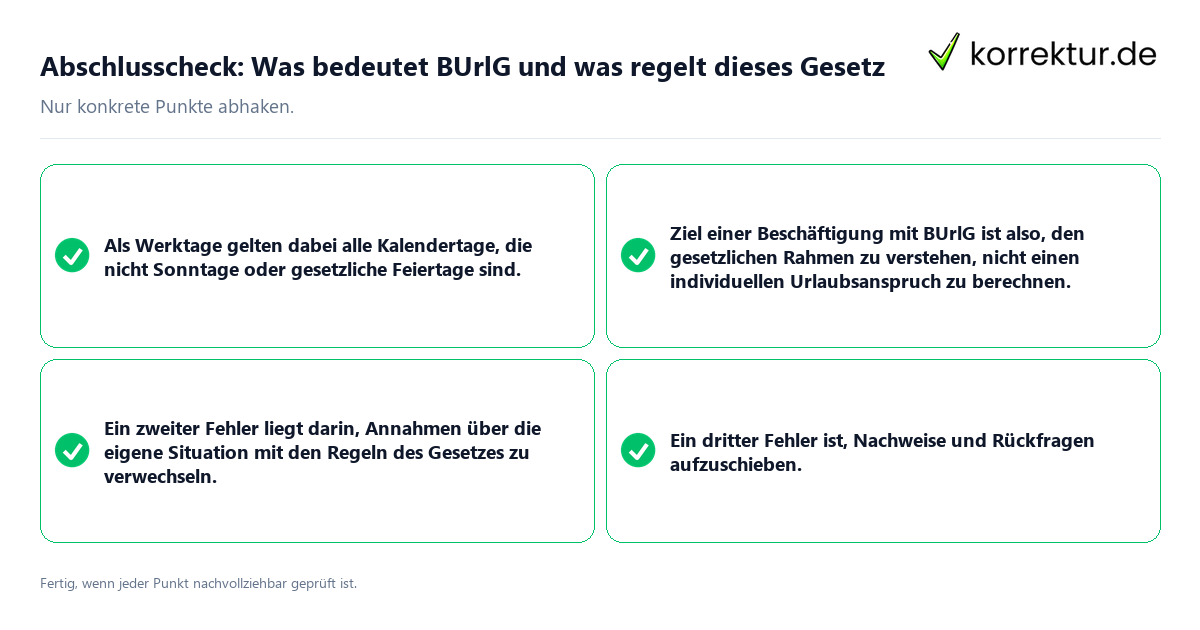 Konkreter Abschlusscheck zu Was bedeutet BUrlG und was regelt dieses Gesetz