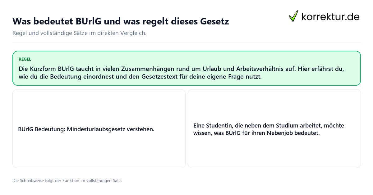 Konkrete Regel und vollständige Beispielsätze zu Was bedeutet BUrlG und was regelt dieses Gesetz