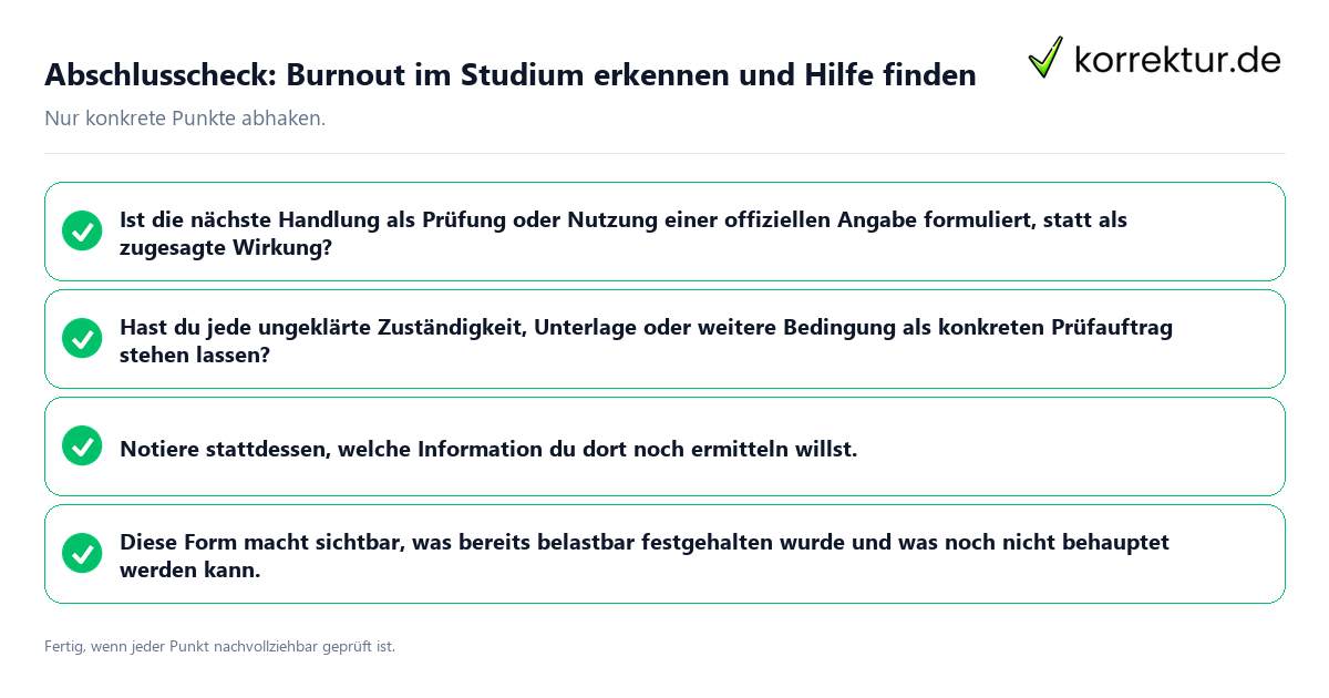 Abschlusscheck: Burnout im Studium erkennen und Hilfe finden Konkreter Abschlusscheck zu Burnout im Studium erkennen und Hilfe finden