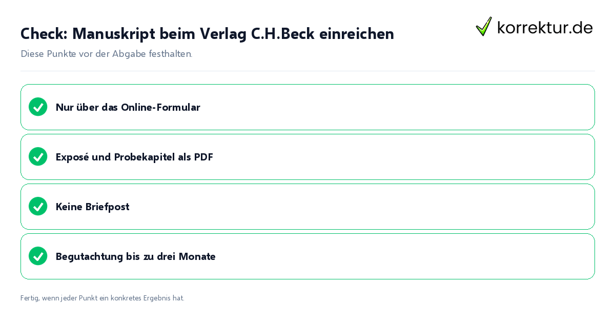 Check: Manuskript beim Verlag C.H.Beck einreichen Manuskript beim Verlag C.H.Beck einreichen: Prüfliste mit vier Punkten