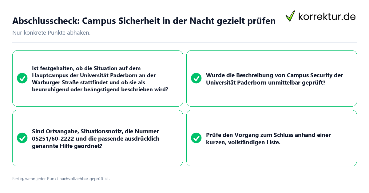 Konkreter Abschlusscheck zu Campus Sicherheit in der Nacht gezielt prüfen