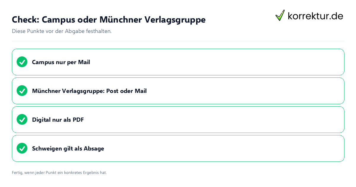 Check: Campus oder Münchner Verlagsgruppe Campus oder Münchner Verlagsgruppe: Prüfliste mit vier Punkten
