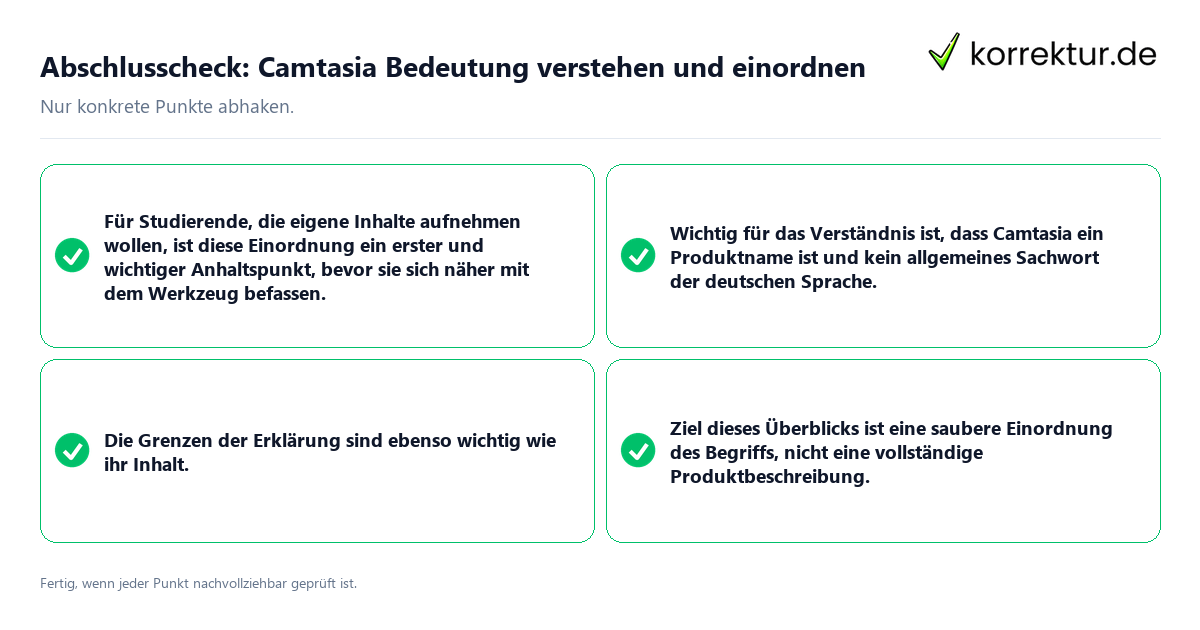 Konkreter Abschlusscheck zu Camtasia Bedeutung verstehen und einordnen