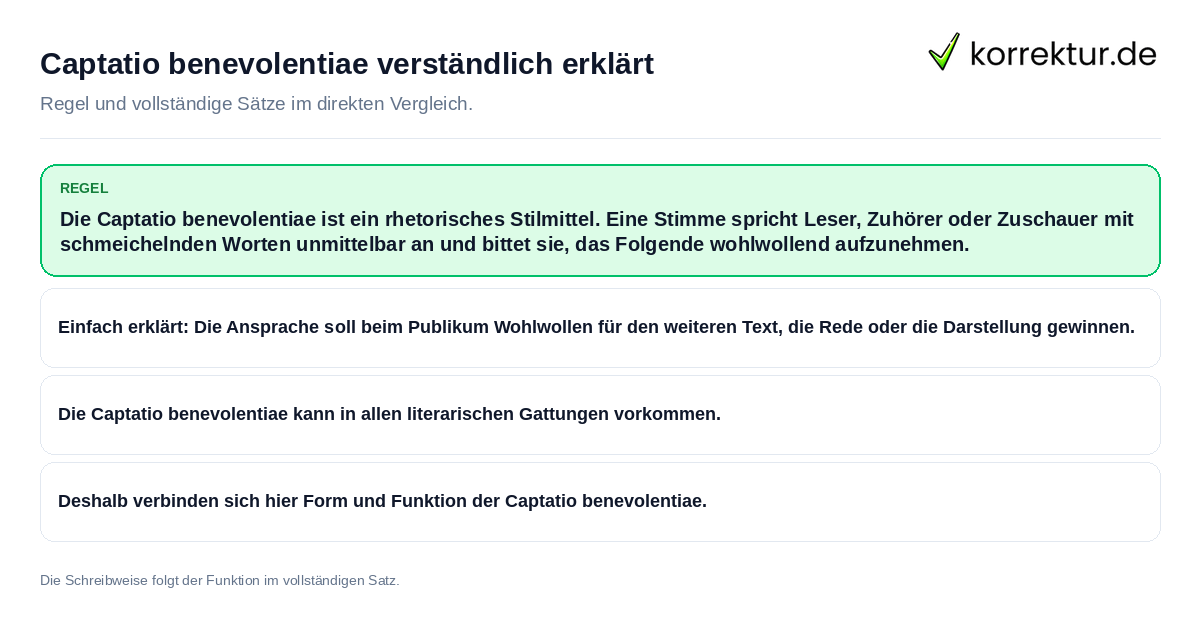 Captatio benevolentiae verständlich erklärt Konkrete Regel und vollständige Beispielsätze zu Captatio benevolentiae verständlich erklärt
