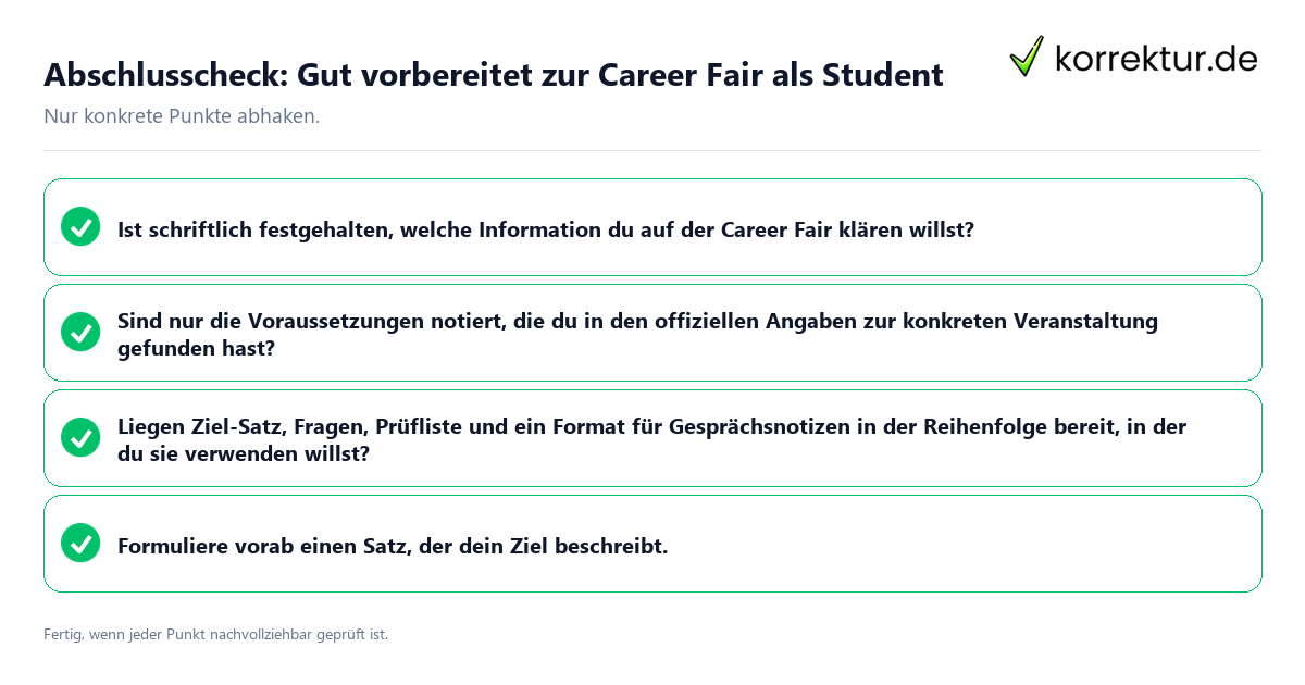 Abschlusscheck: Gut vorbereitet zur Career Fair als Student Konkreter Abschlusscheck zu Gut vorbereitet zur Career Fair als Student
