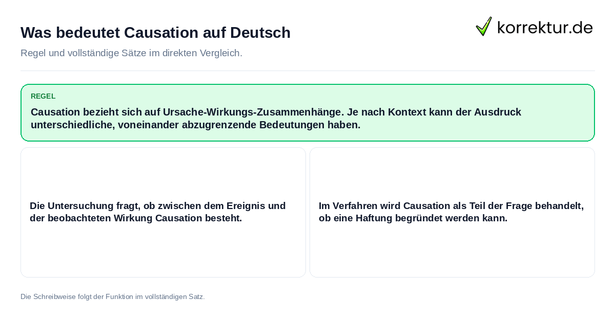Konkrete Regel und vollständige Beispielsätze zu Was bedeutet Causation auf Deutsch