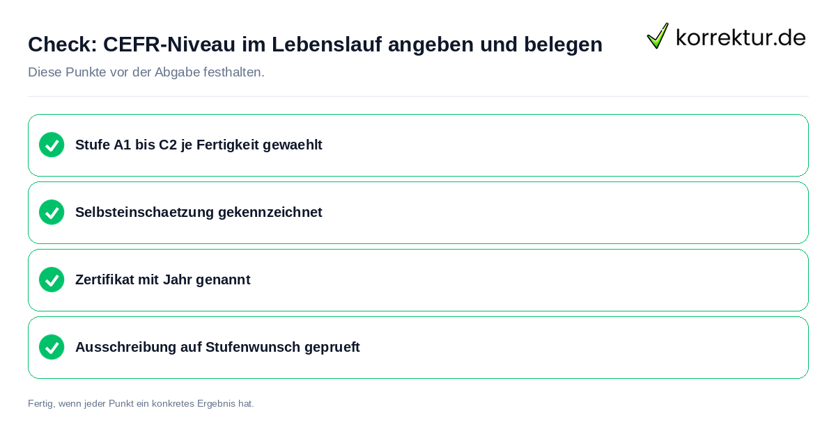 Check: CEFR-Niveau im Lebenslauf angeben und belegen CEFR-Niveau im Lebenslauf angeben und belegen: Prüfliste mit vier Punkten
