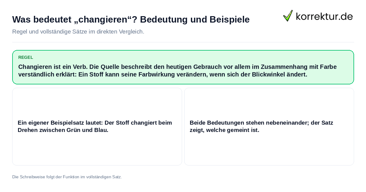 Was bedeutet „changieren“? Bedeutung und Beispiele Konkrete Regel und vollständige Beispielsätze zu Was bedeutet „changieren“? Bedeutung und Beispiele
