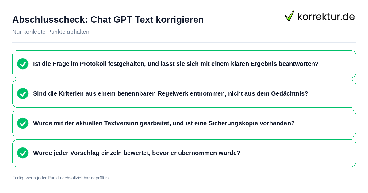 Konkreter Abschlusscheck zu Chat GPT Text korrigieren