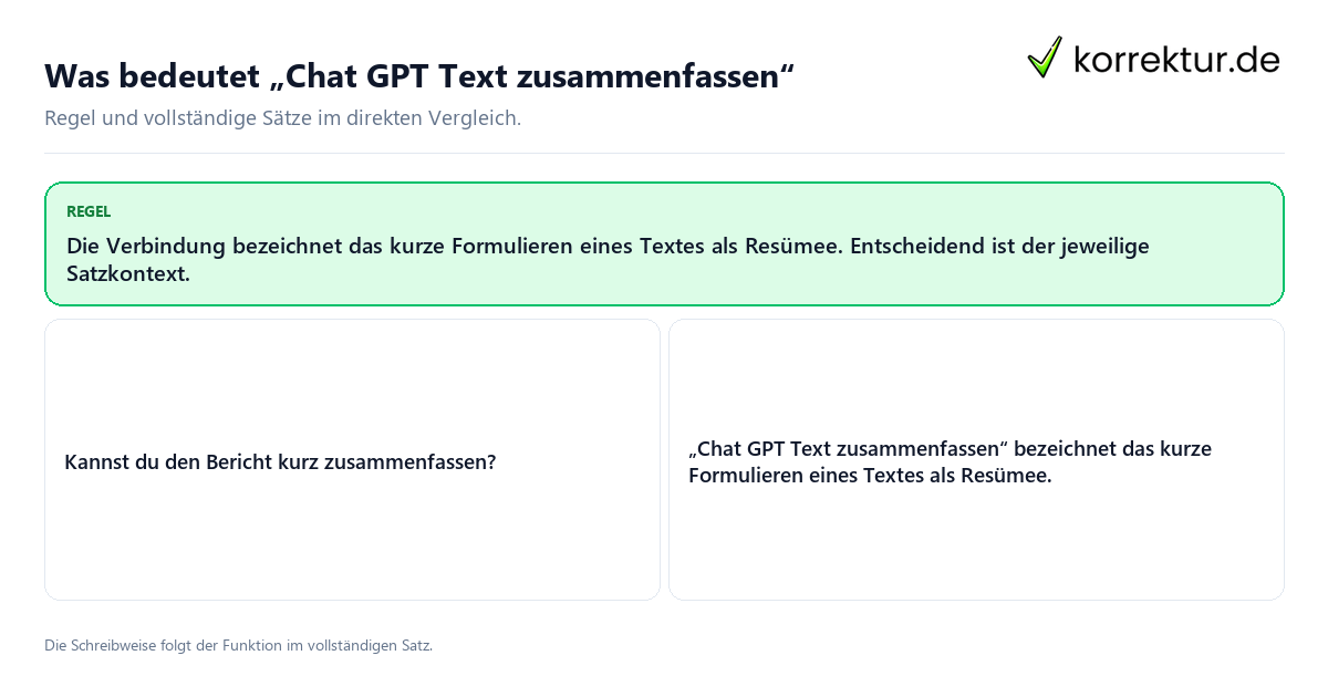 Konkrete Regel und vollständige Beispielsätze zu Was bedeutet „Chat GPT Text zusammenfassen“