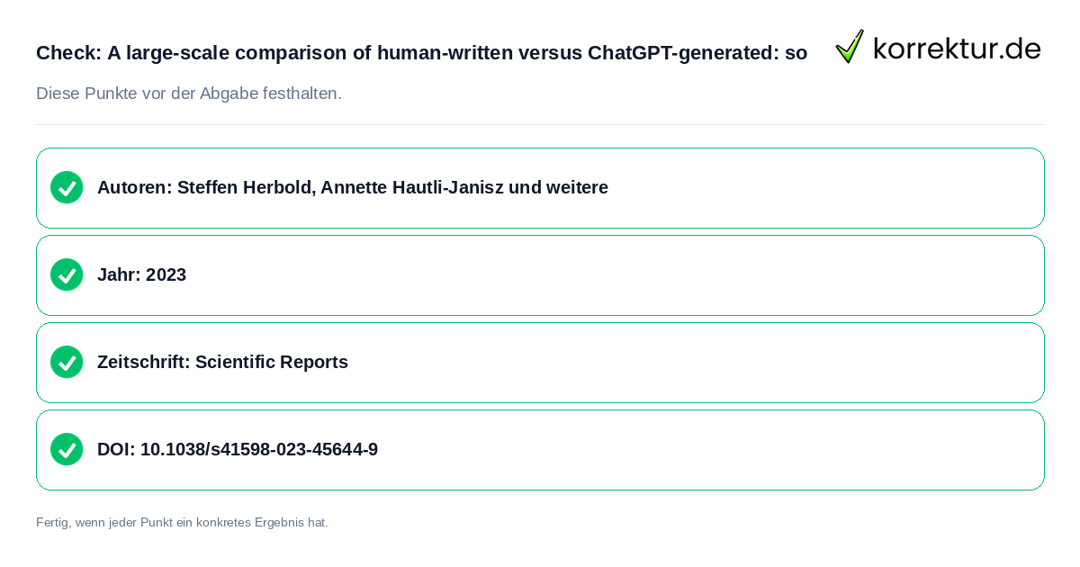 Check: A large-scale comparison of human-written versus ChatGPT-generated: so A large-scale comparison of human-written versus ChatGPT-generated: so: Prüfliste mit vier Punkten