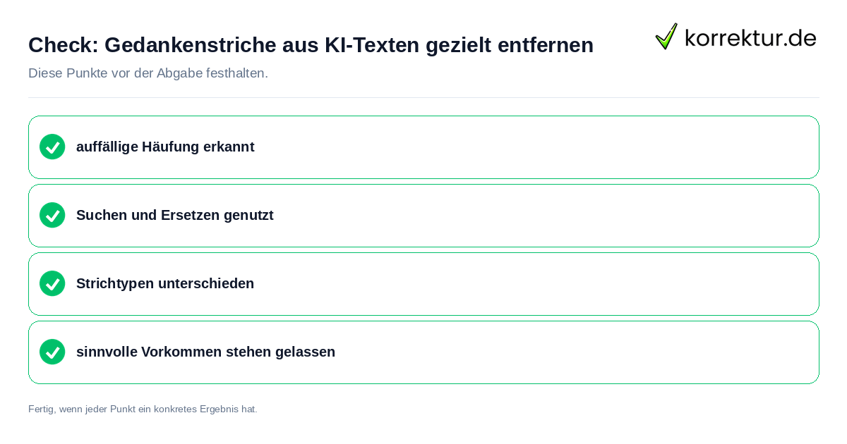 Check: Gedankenstriche aus KI-Texten gezielt entfernen Gedankenstriche aus KI-Texten gezielt entfernen: Prüfliste mit vier Punkten