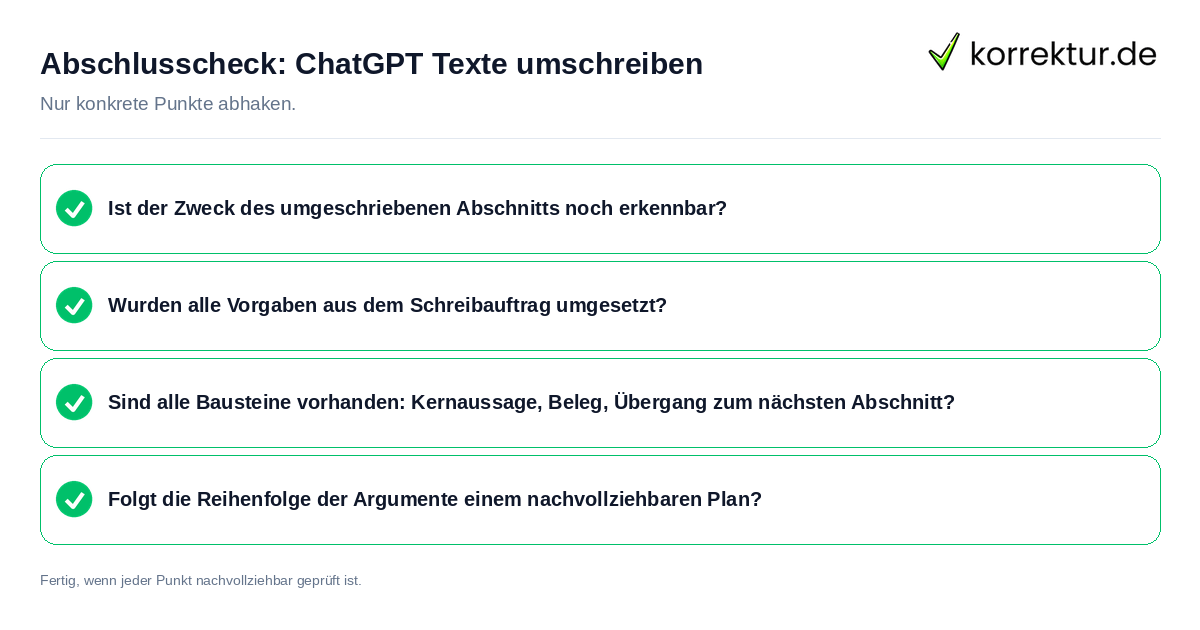 Konkreter Abschlusscheck zu ChatGPT Texte umschreiben