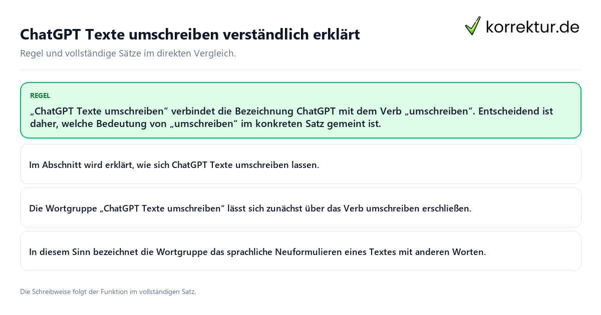 Konkrete Regel und vollständige Beispielsätze zu ChatGPT Texte umschreiben verständlich erklärt