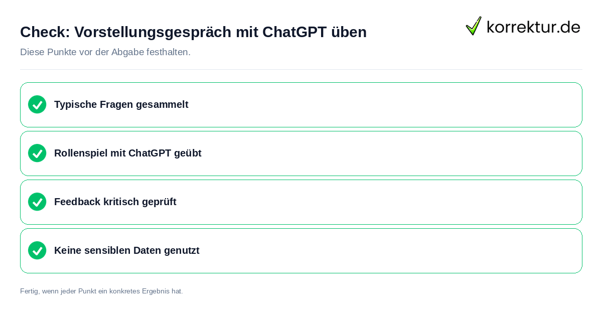 Check: Vorstellungsgespräch mit ChatGPT üben Vorstellungsgespräch mit ChatGPT üben: Prüfliste mit vier Punkten