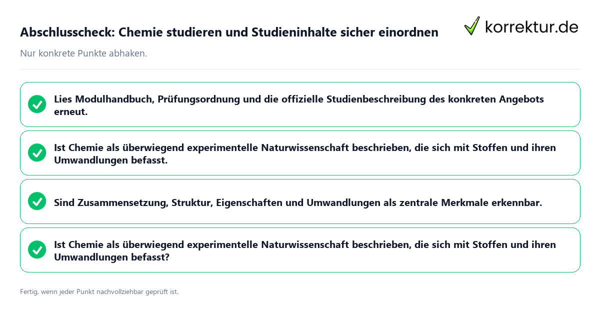 Konkreter Abschlusscheck zu Chemie studieren und Studieninhalte sicher einordnen
