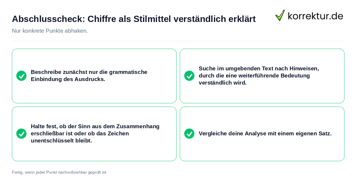 Abschlusscheck: Chiffre als Stilmittel verständlich erklärt Konkreter Abschlusscheck zu Chiffre als Stilmittel verständlich erklärt