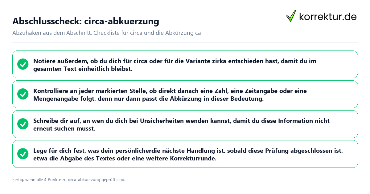 Konkreter Abschlusscheck zu circa-abkürzung