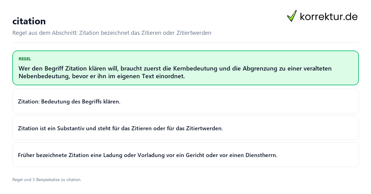 Konkrete Regel und vollständige Beispielsätze zu citation
