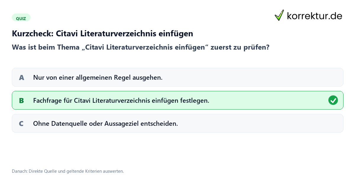 Citavi Literaturverzeichnis einfügen mit einem Kurzquiz zum sinnvollen nächsten Schritt